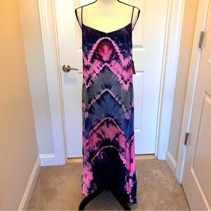 Billabong Black and Pink Tye-Dyed Maxi Sundress with Spaghetti Straps SZ L